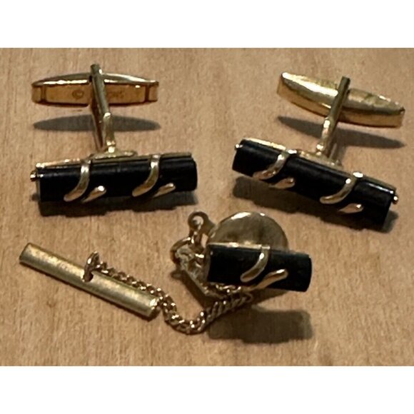 Vintage Emmons Cufflinks Tie Tack Pin Black Onyx gold tone Mid Century Wedding - Picture 8 of 9